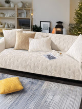 Durable Beige Microfiber Sofa Toper Set | Solid Chenille | Machine Washable with Straps