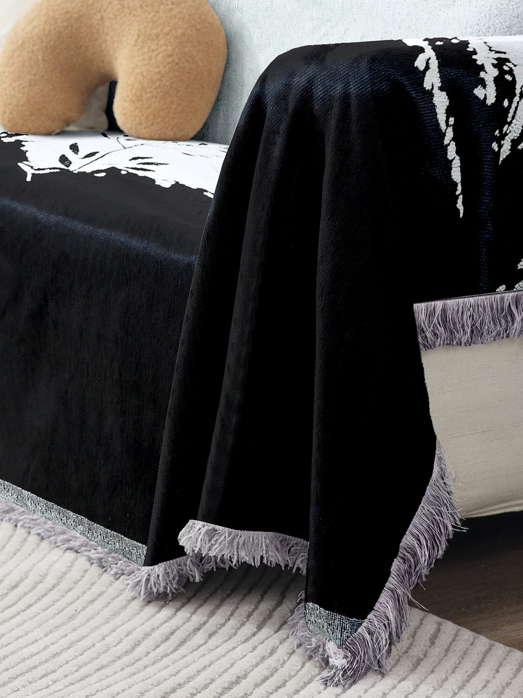 Reversible Sofa Blanket Cover with Tassels 4 Seater- Black