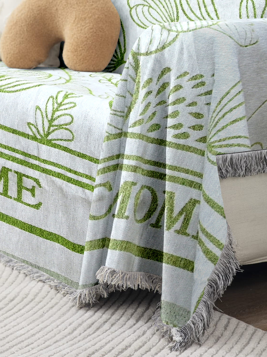 Reversible Sofa Blanket Cover with Tassels 3 Seater- Green