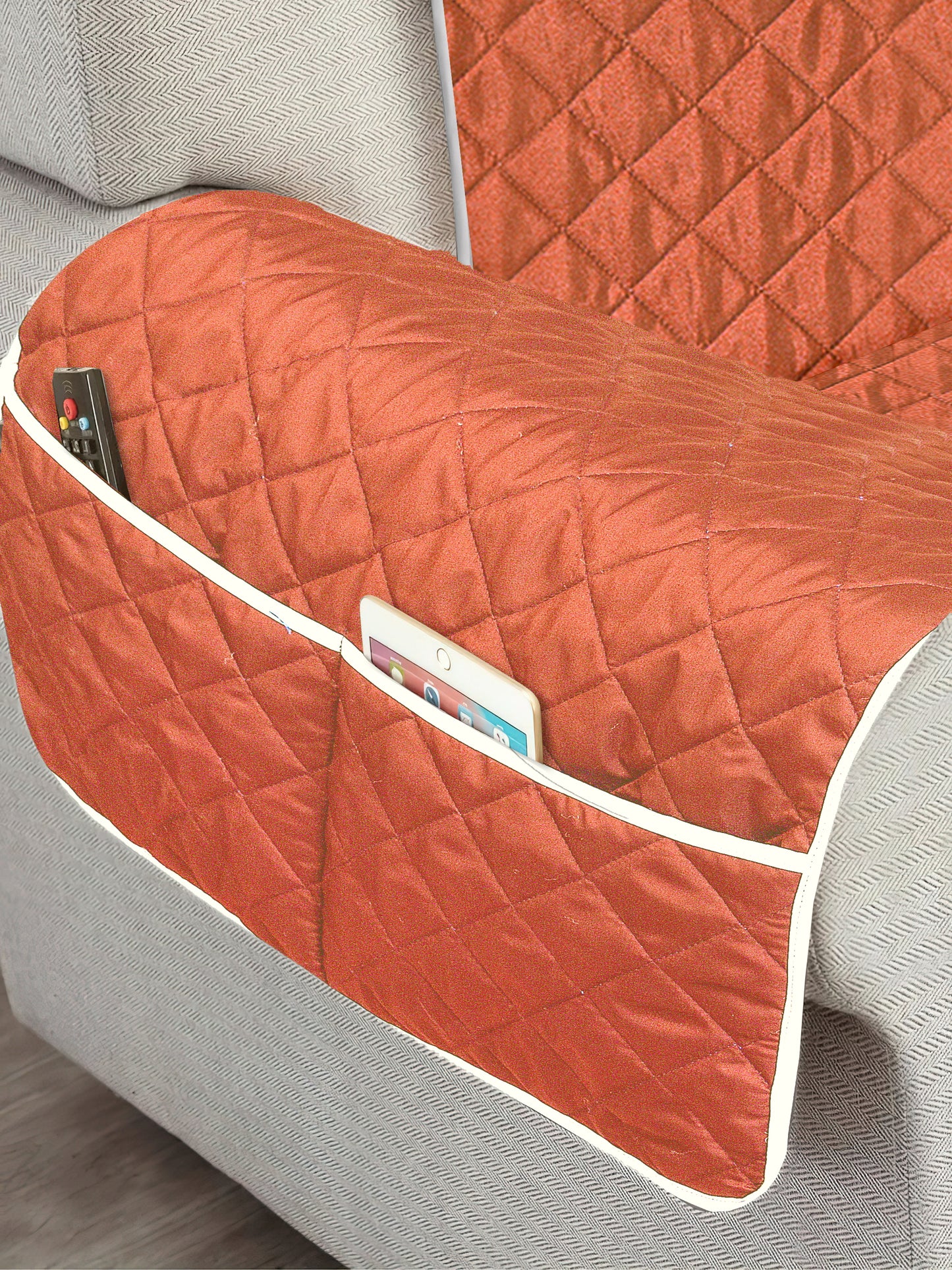 Reversible Quilted Polyester Solid Sofa Cover 1 Seater- Orange & Brown