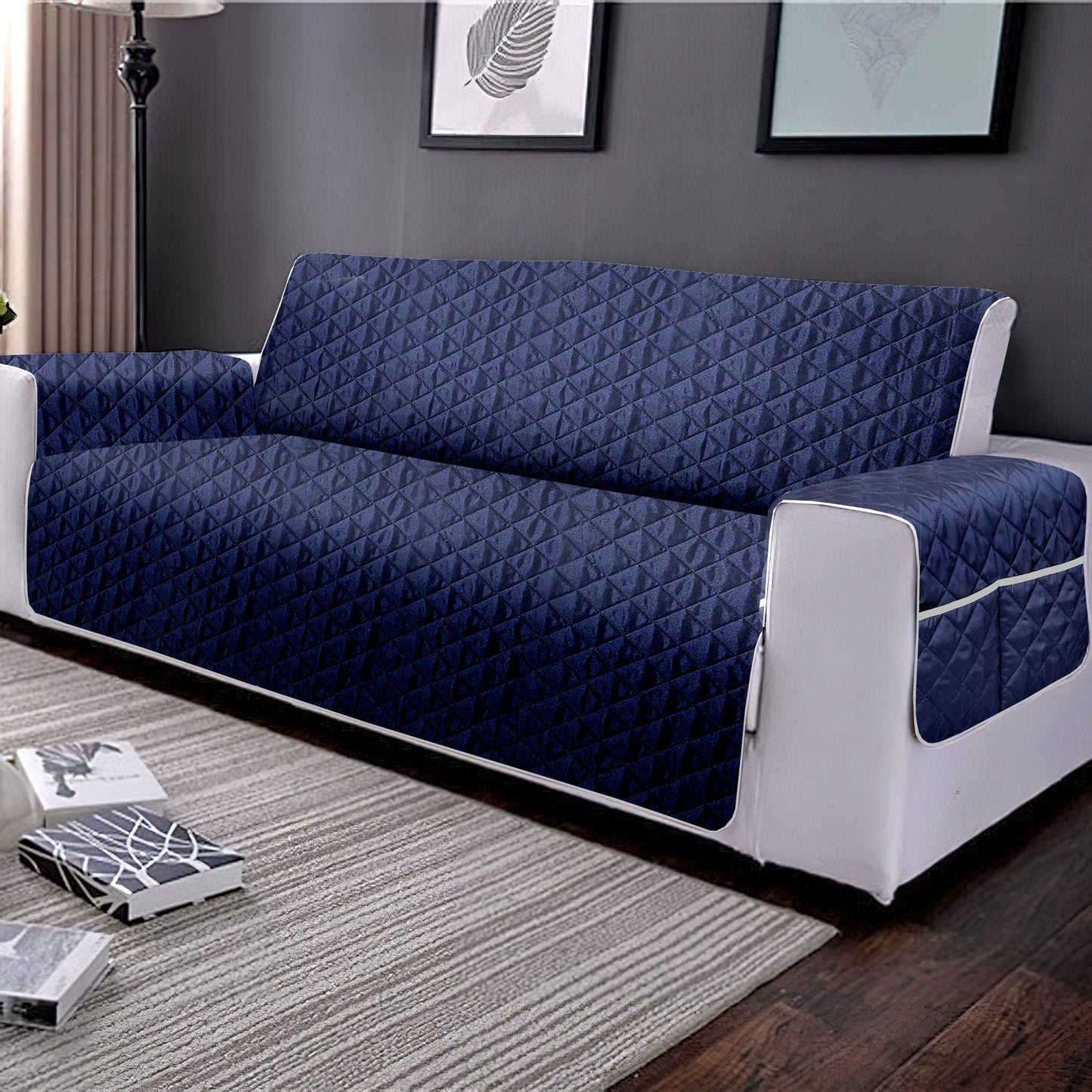 Reversible Quilted Polyester Solid Sofa Cover 2 Seater- Navy Blue & Brown