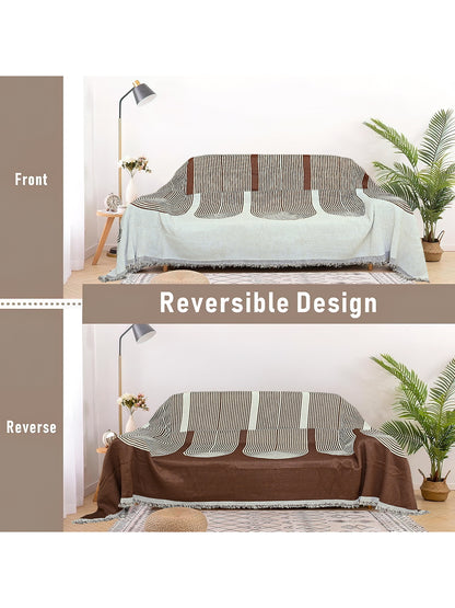 Reversible Sofa Blanket Cover with Tassels 2 Seater- Brown