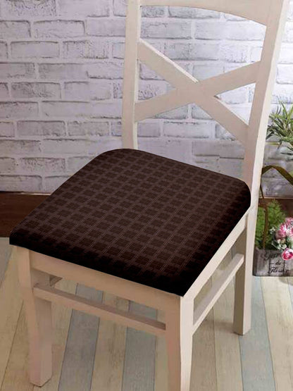 Stretchable Checks Printed Non Slip Chair Pad Cover Pack of 1- Brown
