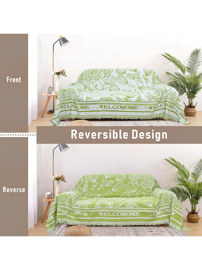 Reversible Sofa Blanket Cover with Tassels 3 Seater- Green