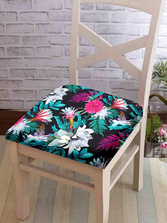 Stretchable Floral Printed Non Slip Chair Pad Cover Pack of 1- Black