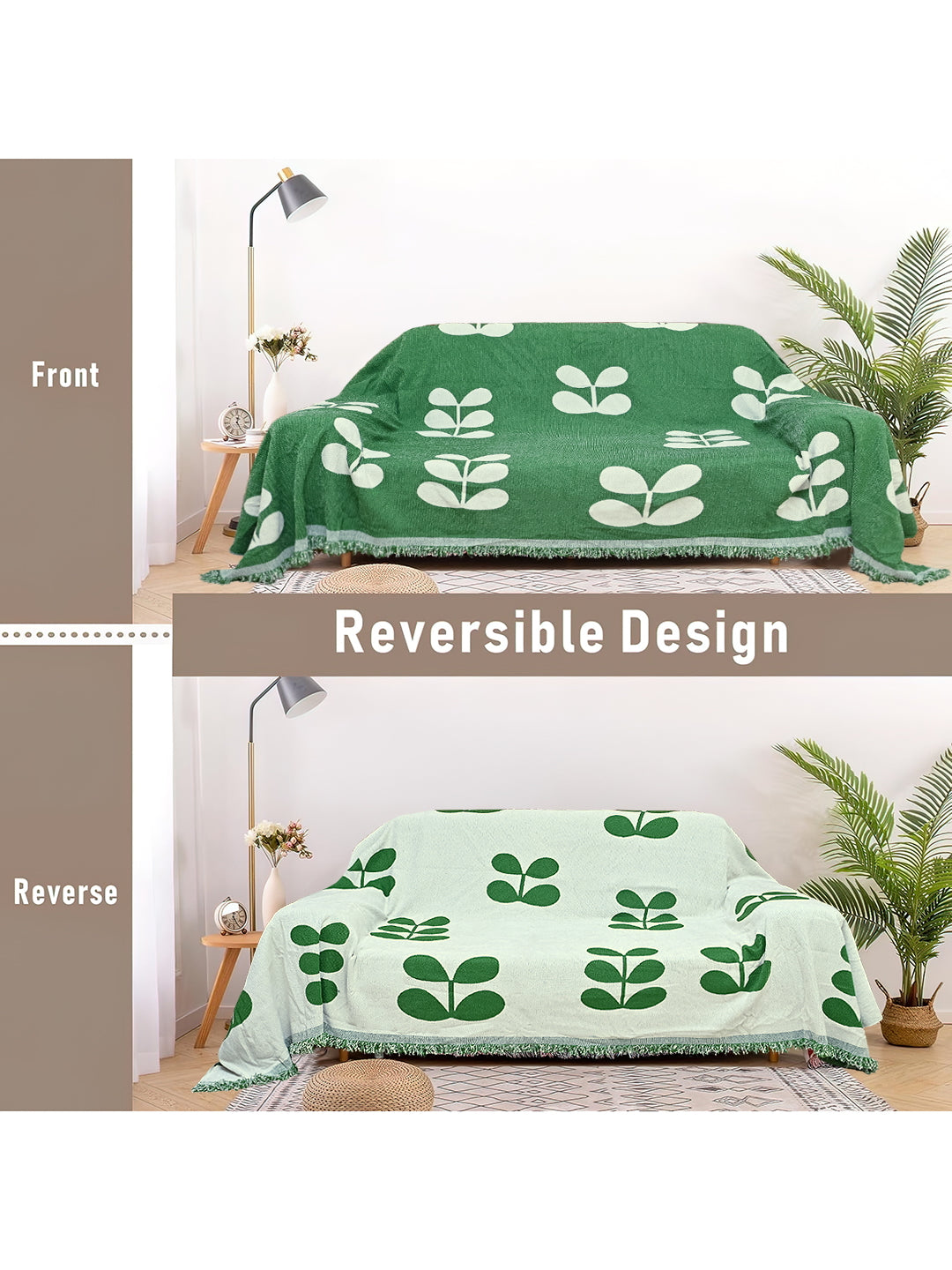Reversible Sofa Blanket Cover with Tassels 2 Seater- Olive Green