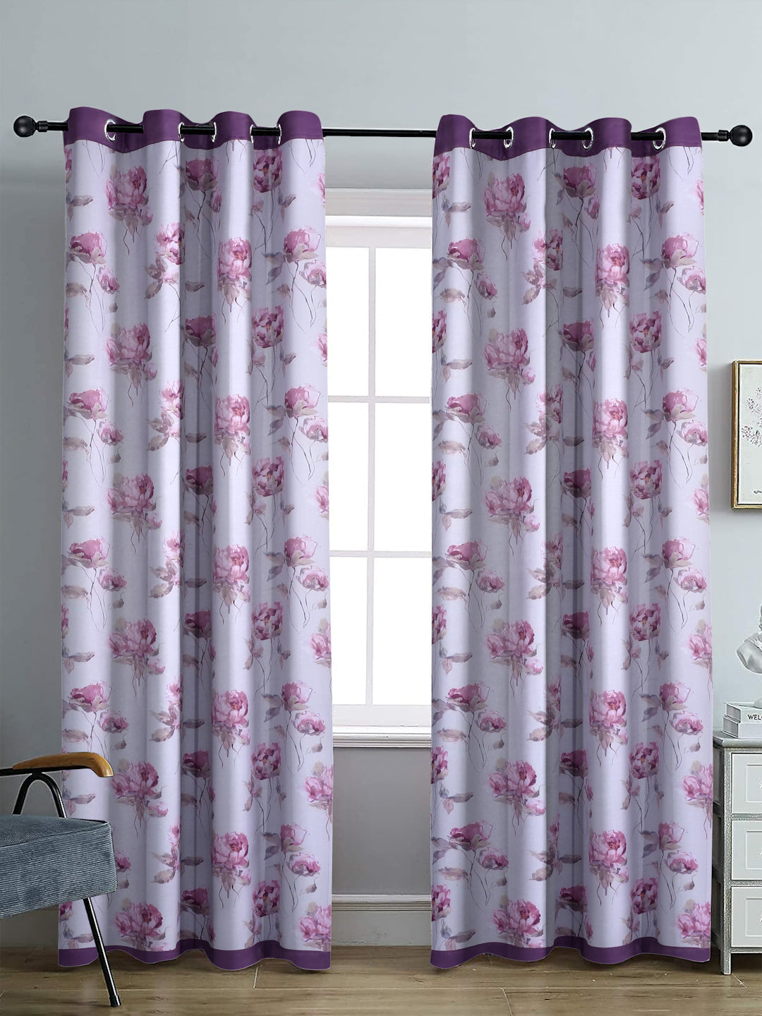 Reversible Floral Printed Blackout Curtains Set of 2- Purple
