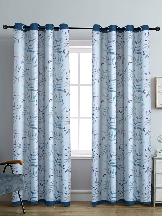 Reversible Floral Printed Blackout Long Door Curtains Set of 2- Navy Blue
