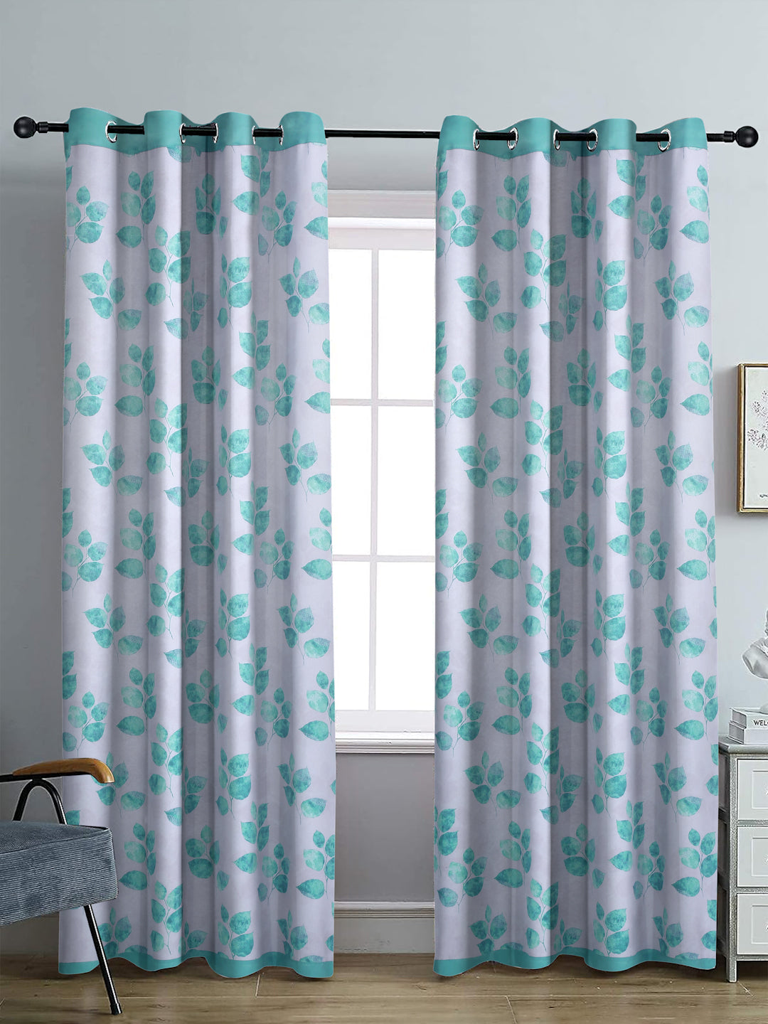 Reversible Floral Printed Blackout Long Door Curtains Set of 2- Turquoise