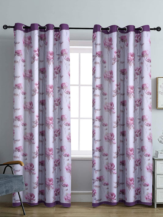 Reversible Floral Printed Blackout Long Door Curtains Set of 2- Purple