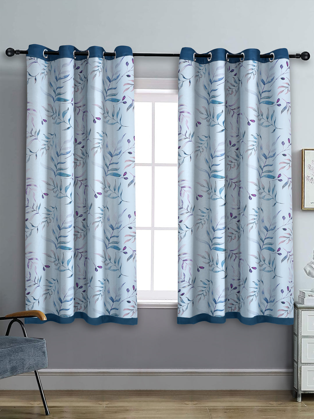 Reversible Floral Printed Blackout Window Curtains Set of 2- Navy Blue