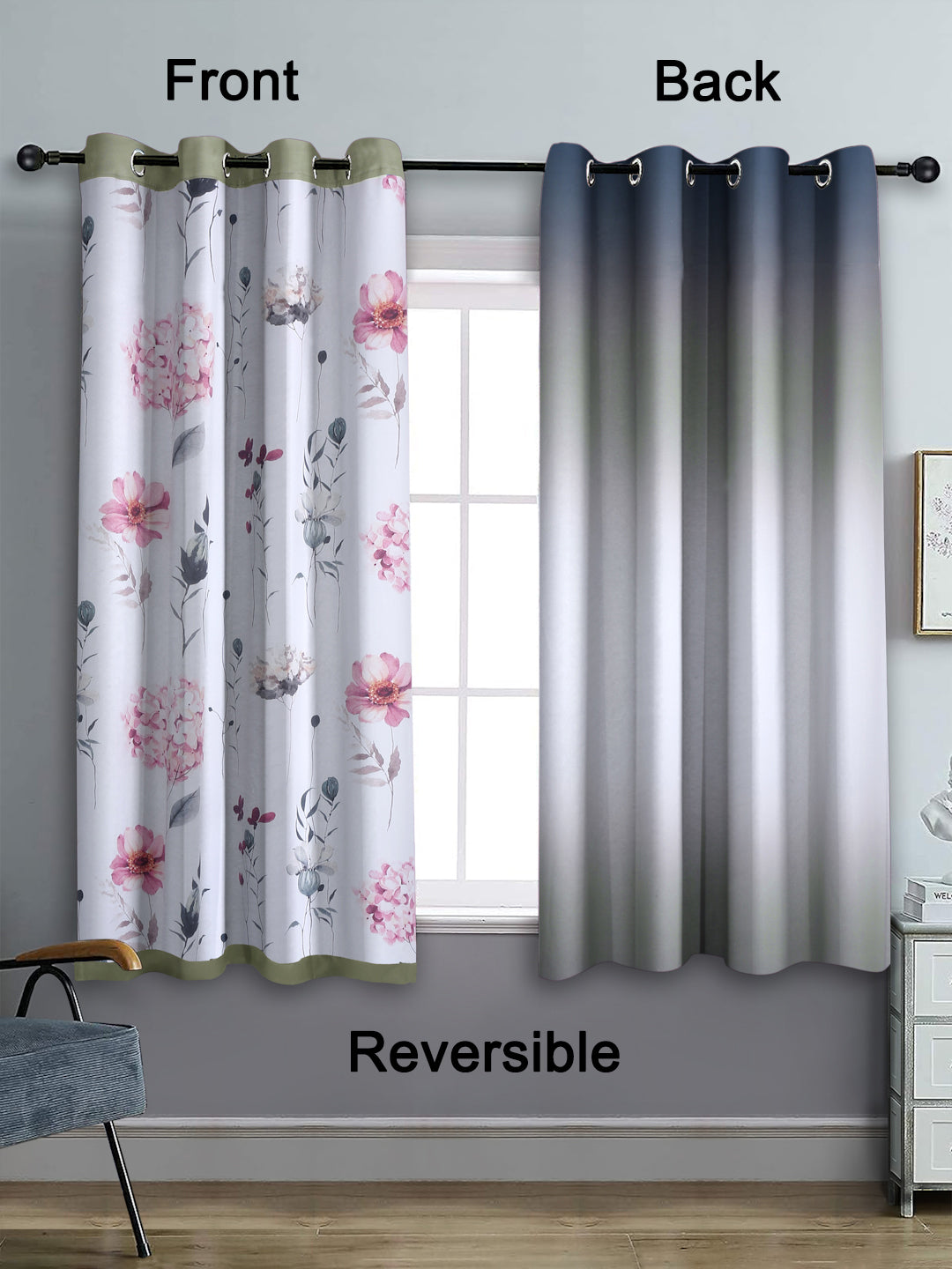 Reversible Floral Printed Blackout Curtains Set of 2- Grey