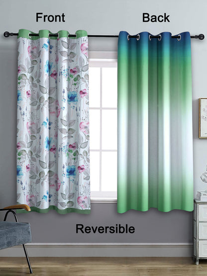 Reversible Floral Printed Blackout Curtains Set of 2- Green