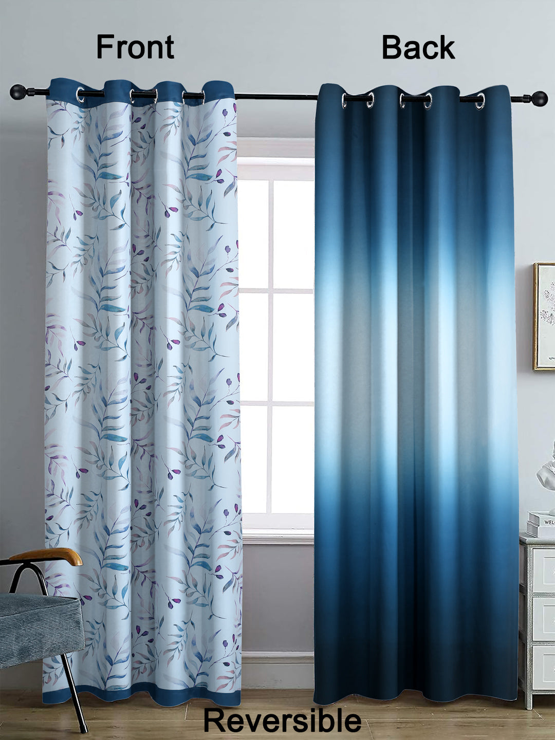 Reversible Floral Printed Blackout Door Curtains Set of 2- Navy Blue