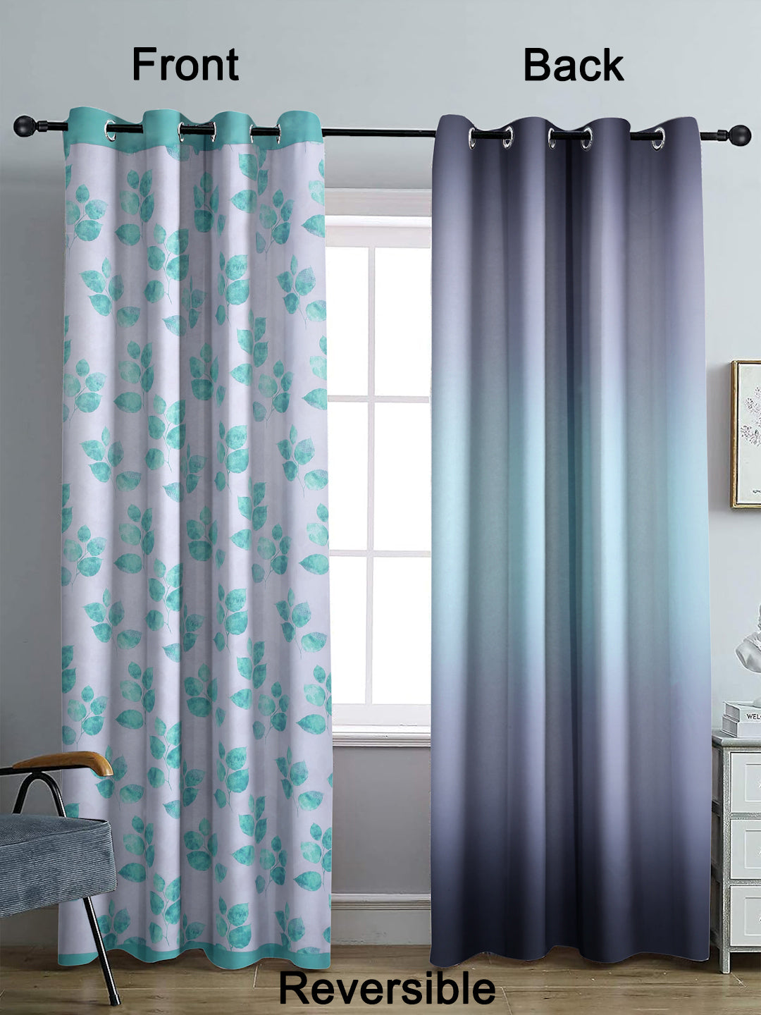 Reversible Floral Printed Blackout Long Door Curtains Set of 2- Turquoise