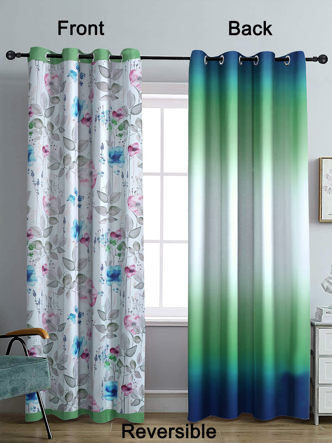 Reversible Floral Printed Blackout Long Door Curtains Set of 2- Green