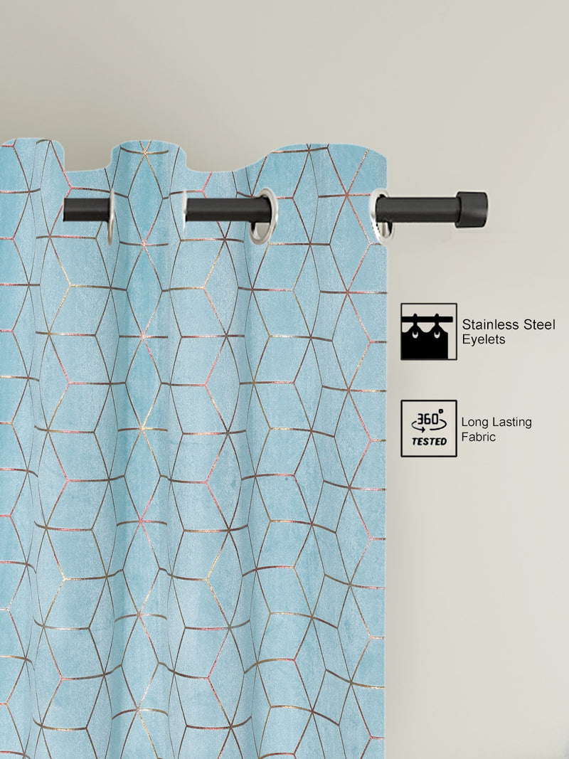 Pack of 2 Velvet Regular Geometric Foil Door Curtains- Light Blue