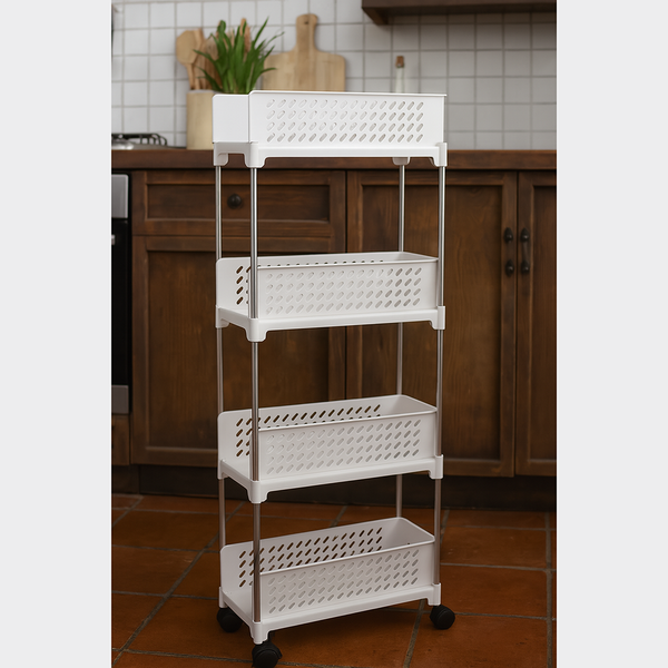 Cortina Heavy Duty Plastic Storage 4 TierShelves for Home Kitchen Garage Bathroom | Multipurpose Tiered Rack Organizer with Wheels | Strong Load-Bearing Modular Storage Unit | 46x18x119.5