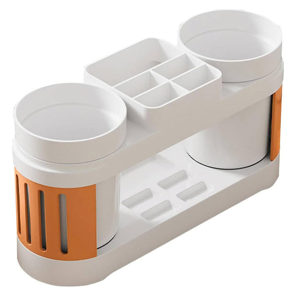 Cortina All-in-One Bathroom Organizer , Toothbrush Holder, Toothpaste Shelf & Rinse Cup Set, Brush Stand | Off-White - Orange , Dual Cup