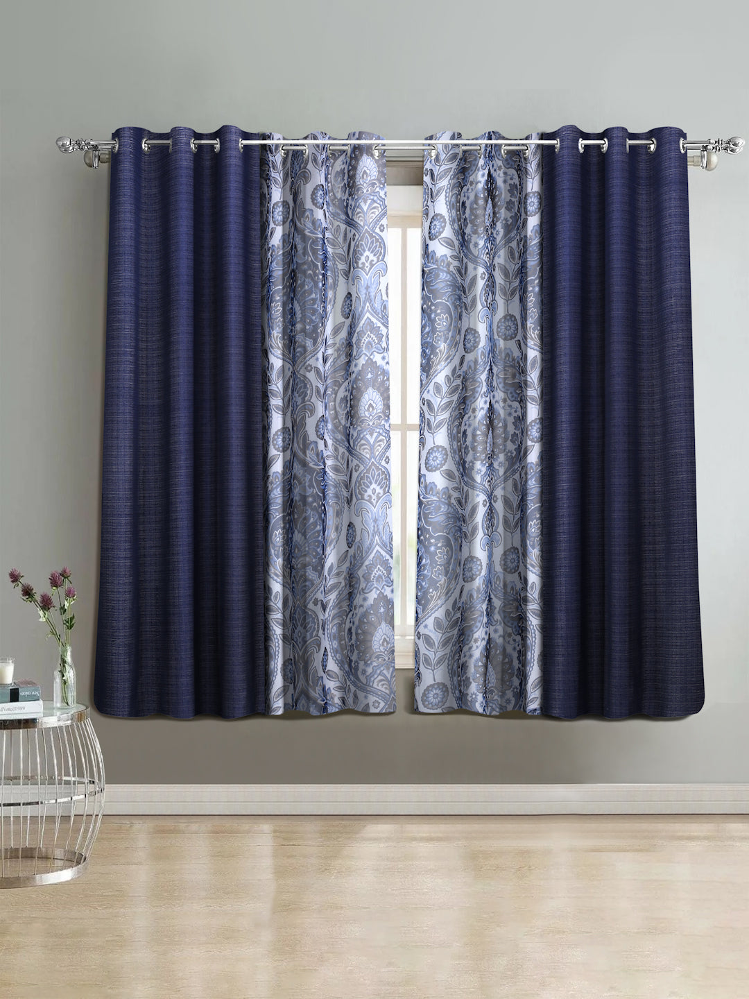 Semi-Transparent Curtains Set of 4- Navy Blue