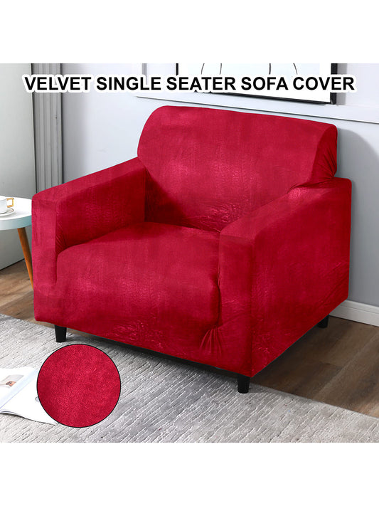 Elastic Stretchable Velvet Sofa Cover 1 Seater- Red