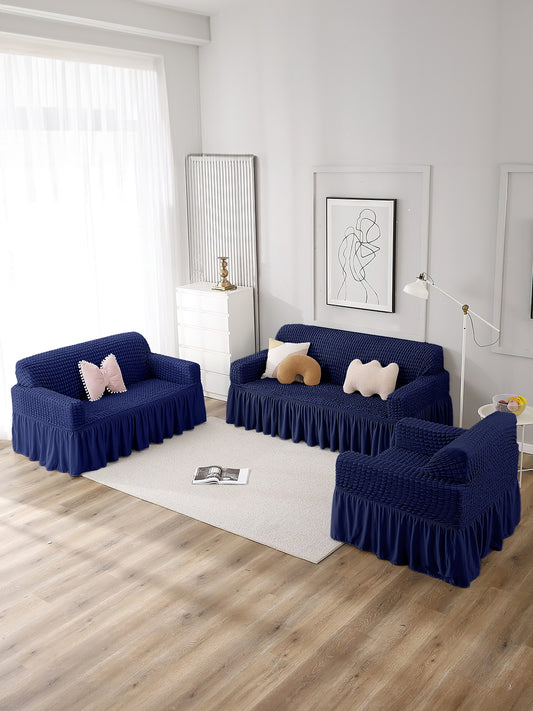 Elastic Stretchable Universal Sofa Cover with Ruffle Skirt 3+1+1 Seater- Navy Blue