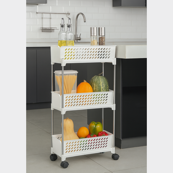 Cortina Heavy Duty Plastic Storage 3 TierShelves for Home Kitchen Garage Bathroom | Multipurpose Tiered Rack Organizer with Wheels | Strong Load-Bearing Modular Storage Unit | 46x18x85.9