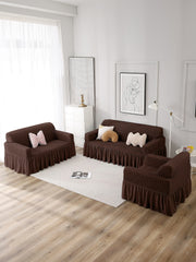 Elastic StretchableFrill 3 Seater Combo Sofa Cover-Brown