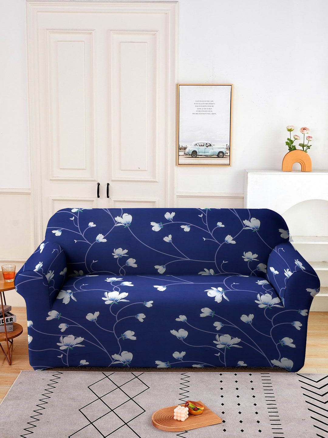 Elastic Stretchable Universal Printed Sofa Cover 4 Seater- Navy Blue