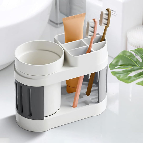 Cortina All-in-One Bathroom Organizer , Toothbrush Holder, Toothpaste Shelf & Rinse Cup Set, Brush Stand | Off-White - Grey , Single Cup