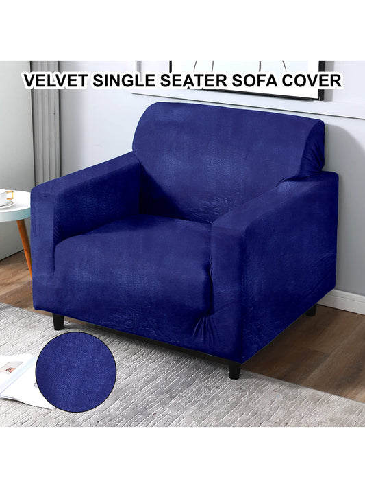 Elastic Stretchable Velvet Sofa Cover 1 Seater- Navy Blue