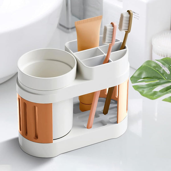 Cortina All-in-One Bathroom Organizer , Toothbrush Holder, Toothpaste Shelf & Rinse Cup Set, Brush Stand | Off-White - Orange , Single Cup