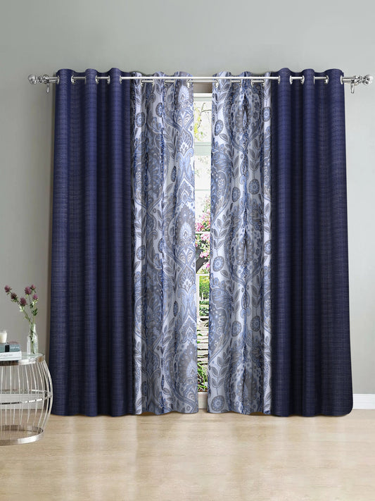 Semi-Transparent Long Door Curtains Set of 4- Navy Blue