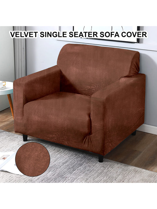 Elastic Stretchable Velvet Sofa Cover 1 Seater- Brown