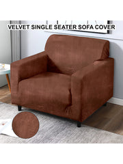 Elastic Stretchable Velvet Sofa Cover 1 Seater-Brown