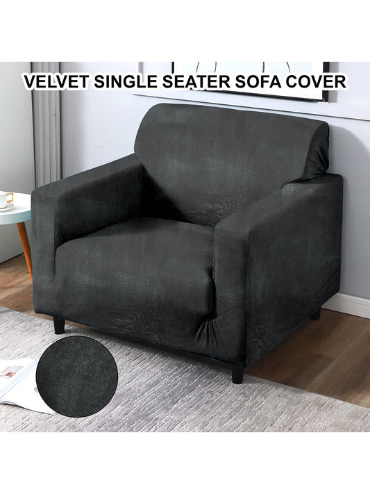 Elastic Stretchable Velvet Sofa Cover 1 Seater- Black