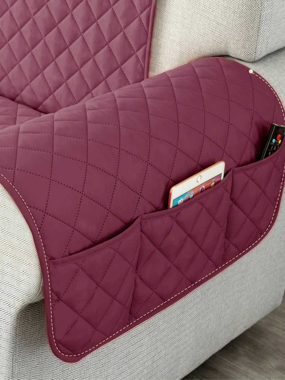 Reversible Quilted Polyester Solid Sofa Cover 1 Seater- Maroon & Grey
