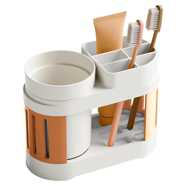 Cortina All-in-One Bathroom Organizer , Toothbrush Holder, Toothpaste Shelf & Rinse Cup Set, Brush Stand | Off-White - Orange , Single Cup