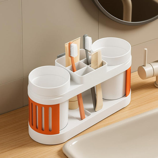 Cortina All-in-One Bathroom Organizer , Toothbrush Holder, Toothpaste Shelf & Rinse Cup Set, Brush Stand | Off-White - Orange , Dual Cup