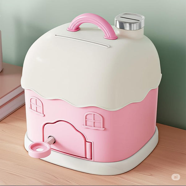 Cortina Cottage House-Shaped Piggy Bank for Kids – Cute ATM-Style Coin Bank, Plastic Coin Saver with Handle & Keys, Money box Gift Item for kids Ages 3+ ( Pink, Pack of 1 )