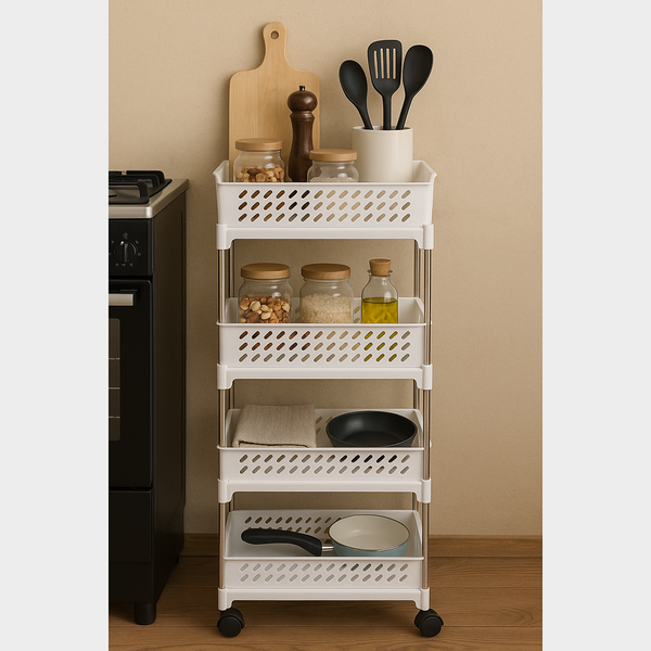Cortina Heavy Duty Plastic Storage 4 TierShelves for Home Kitchen Garage Bathroom | Multipurpose Tiered Rack Organizer with Wheels | Strong Load-Bearing Modular Storage Unit | 46x18x119.5