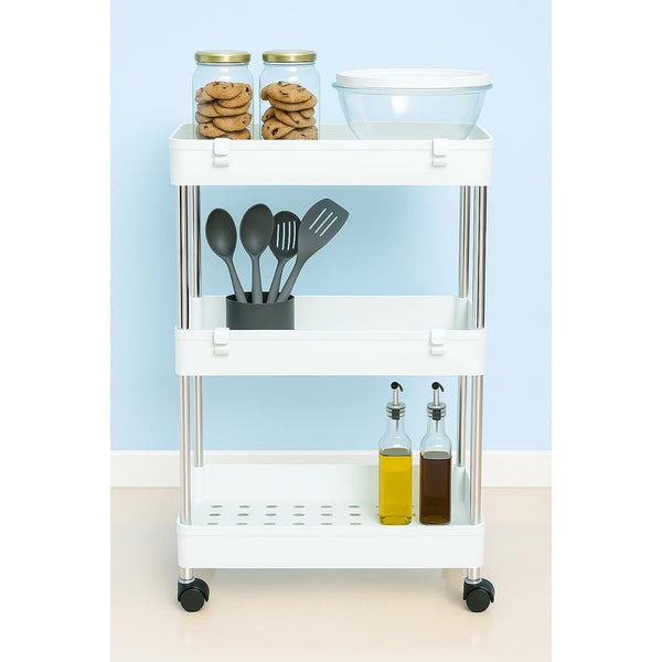 Cortina Heavy Duty Plastic Storage 3 TierShelves for Home Kitchen Garage Bathroom | Multipurpose Tiered Rack Organizer with Wheels | Strong Load-Bearing Modular Storage Unit | 40x22x62