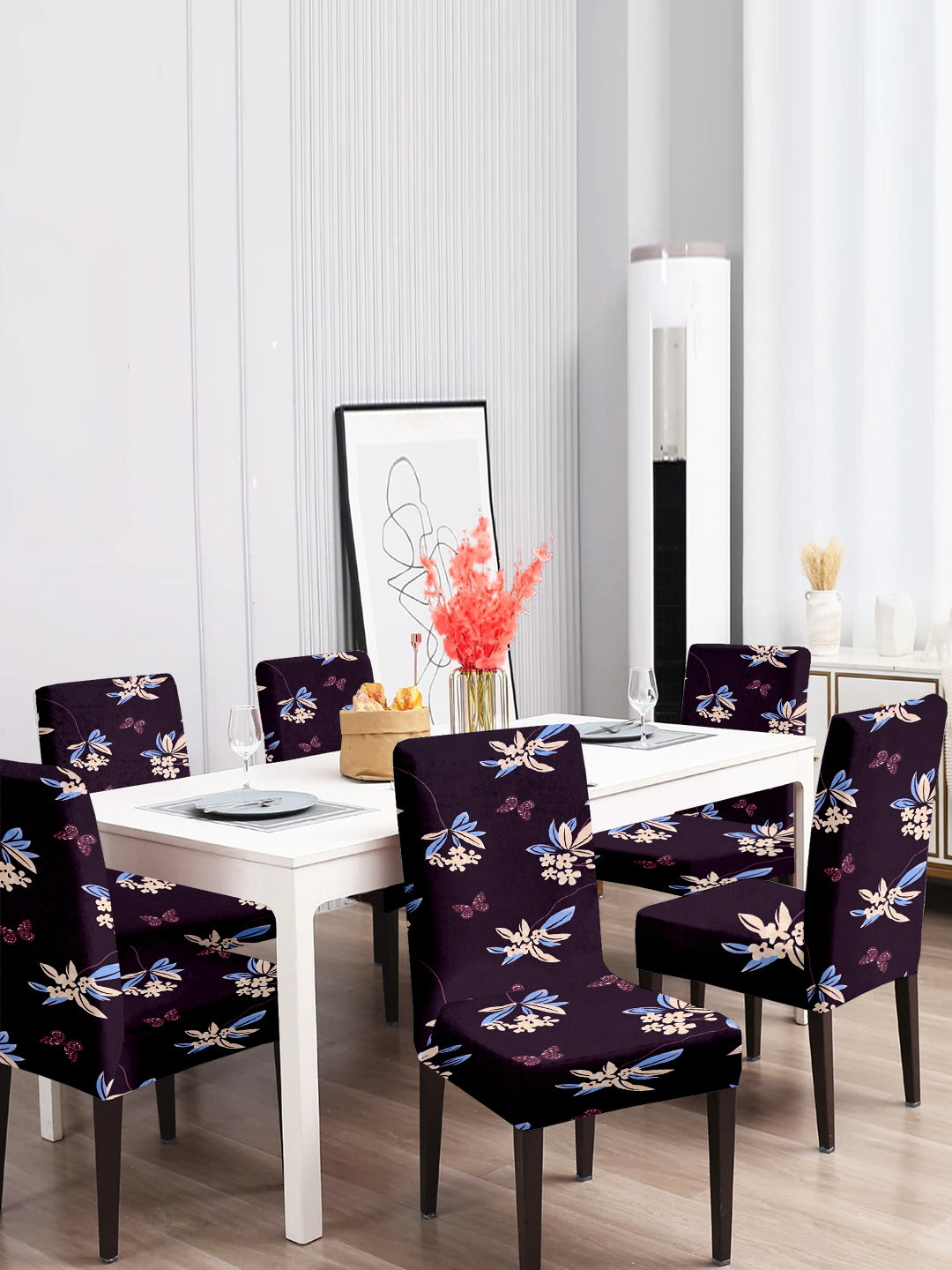 Stretchable DiningPrinted Chair Cover Set-6 Purple
