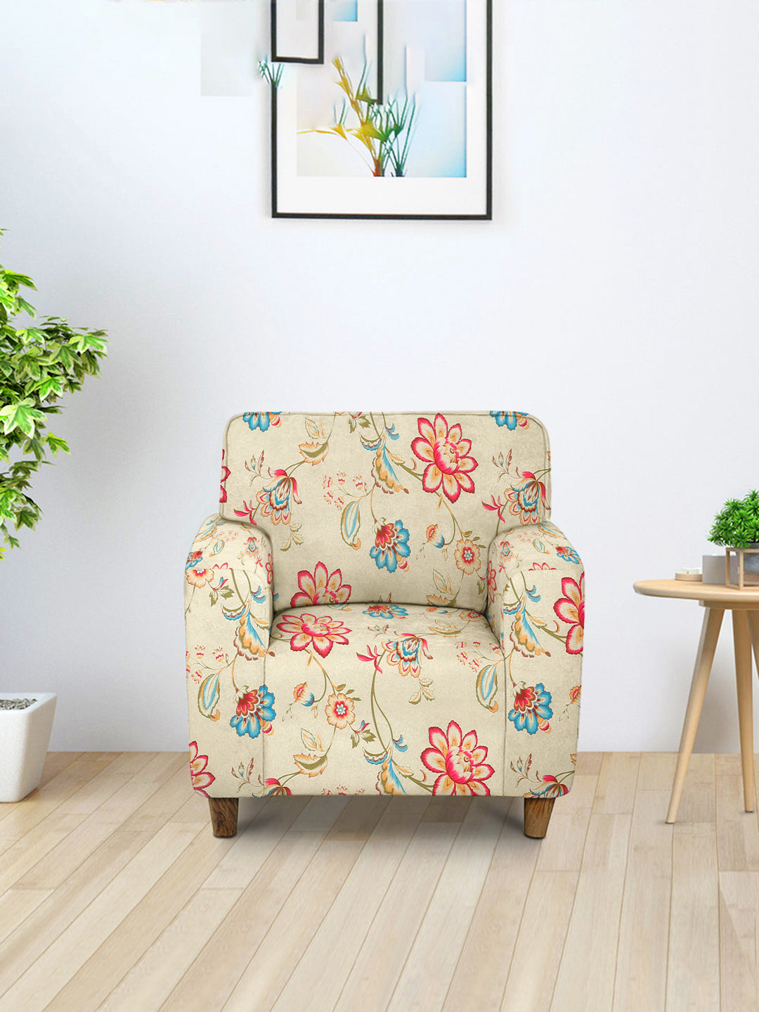 Elastic StretchableUniversal Printed Sofa Cover 1 Seater-Cream