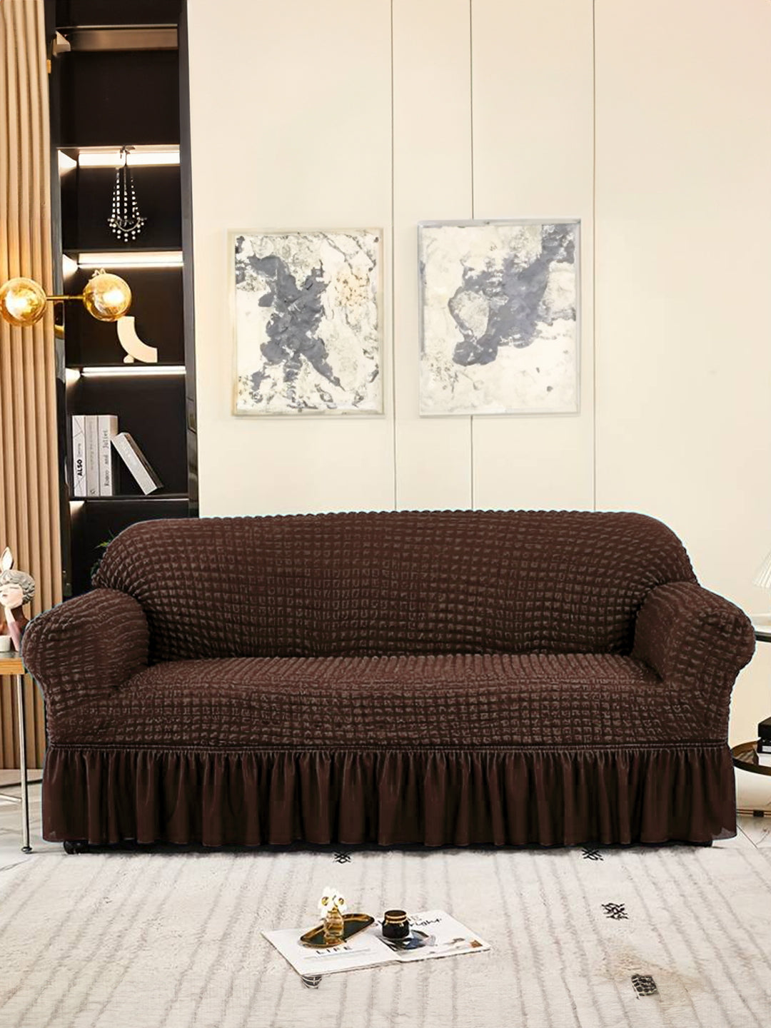 Elastic Stretchable Universal Sofa Cover with Ruffle Skirt 3+1+1 Seater- Brown