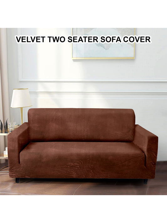 Elastic Stretchable Velvet Sofa Cover 2 Seater- Brown
