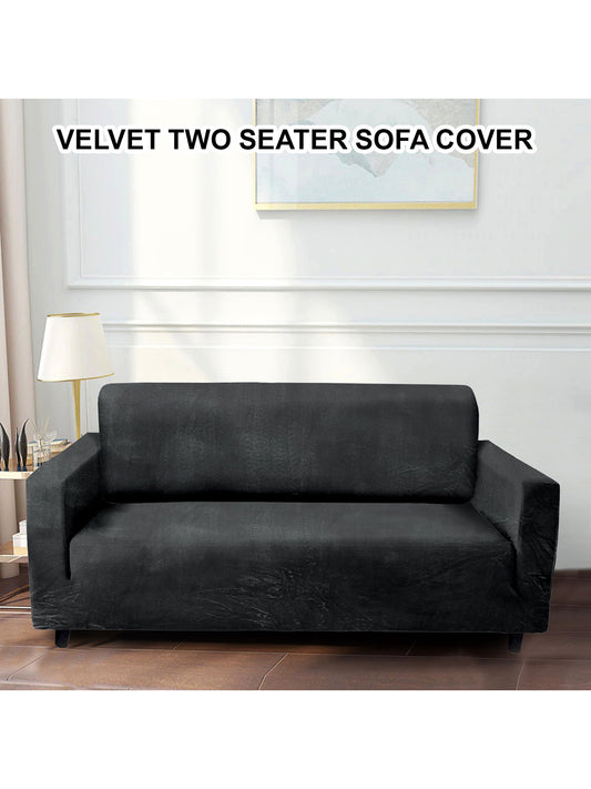 Modern Elastic Velvet Sofa Cover 2 Seater- Black