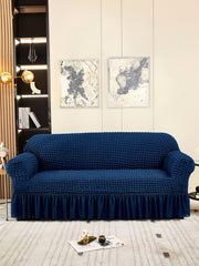 Elastic StretchableFrill 2 Seater Sofa Cover-Blue