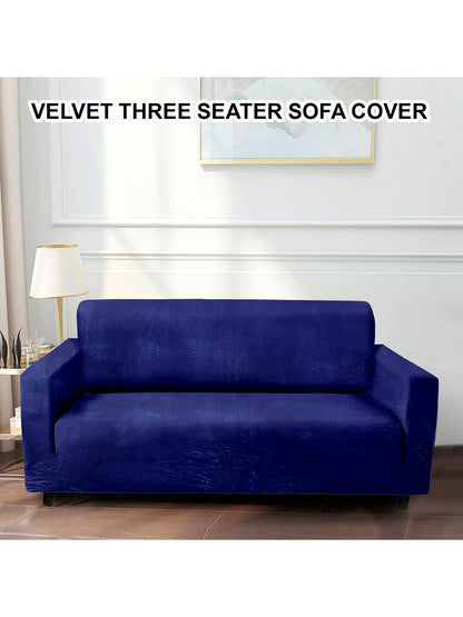 Elastic Stretchable Velvet Sofa Cover 3 Seater- Navy Blue