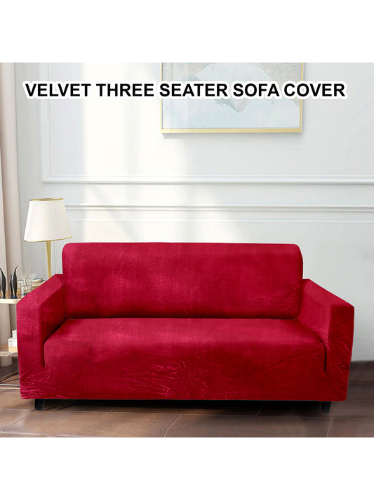 Elastic Stretchable Velvet Sofa Cover 3 Seater- Red